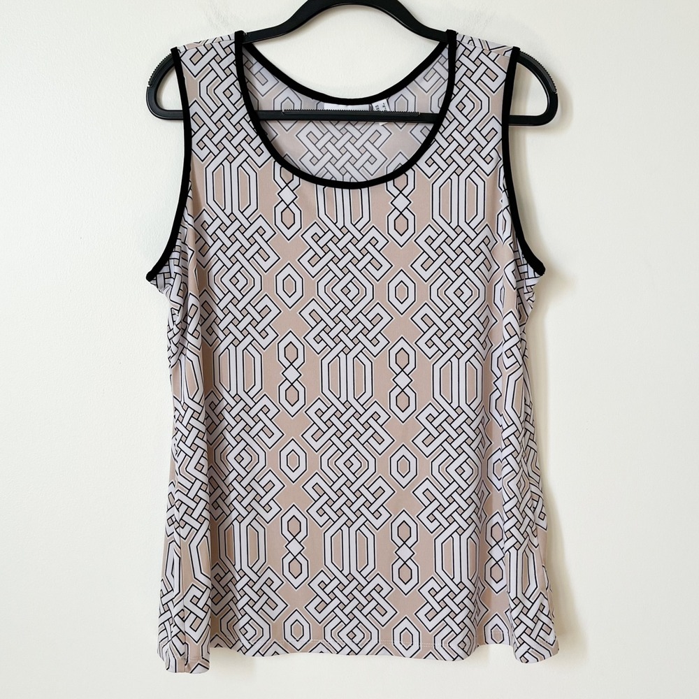 Susan Graver Liquid Knit Sleeveless Geometric Top Womens Large Tan White Black